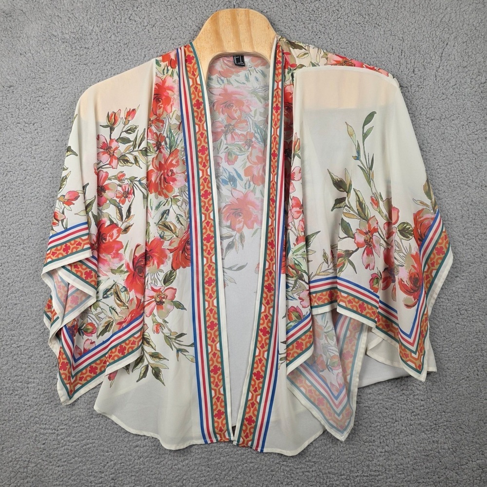Forever 21 Womens Floral Kimono Wrap Top Cream Red Blue Chiffon Size Small